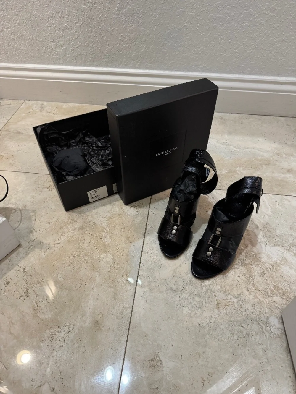 Saint Laurent Paris Black Leather Ankle Strap Stiletto Heels